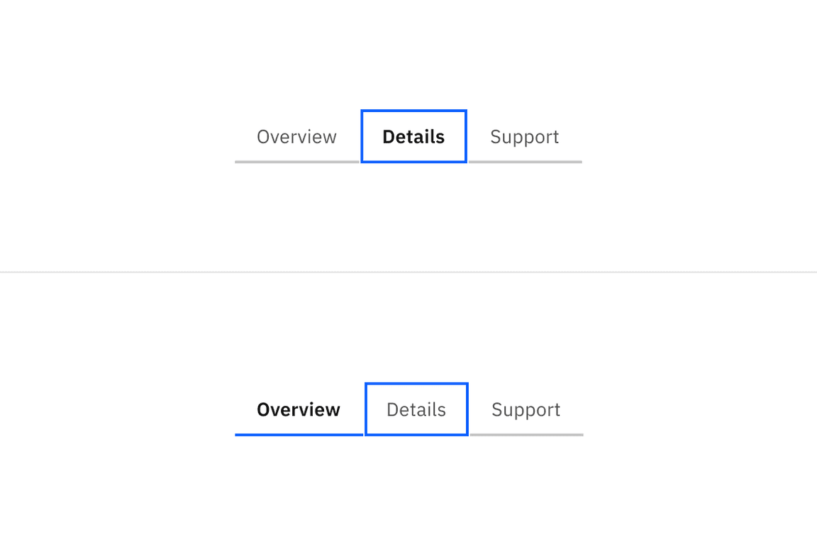 Two variants of a tablist with tabs called Overview, Details, and Support. In the first, the Details tab is selected and focused. In the second the Overview tab is selected and the Details tab has a focus indicator